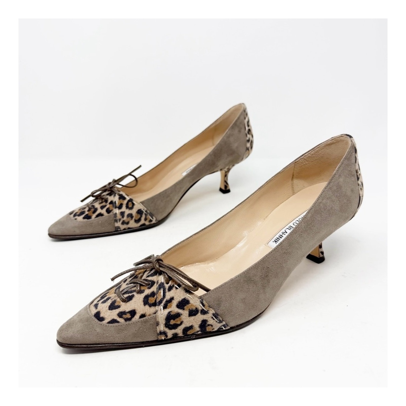 Manolo Blahnik Suede Leopard Print Bow Pointed Toe Heels Womens Size Eu 40